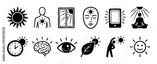 Collection of black hand-drawn doodle icons representing morning routines, sunlight exposure, and wellness concepts like meditation, exercise, and mental health in a simple sketch style