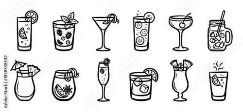 Set of twelve black and white cocktail illustrations in a hand-drawn doodle style, featuring various glasses, fruit garnishes, ice cubes, and straws for a bar menu or party concept