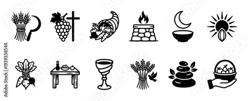 Set of black minimalist icons representing harvest, faith, and spiritual offerings, featuring a cornucopia, wheat, grapes, cross, altar, chalice, and other symbolic elements