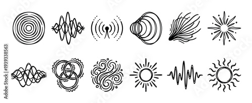 Hand drawn black and white abstract symbols representing sound waves, energy, and light in a minimalist doodle icon set with sketchy sunbursts, signals, and audio waveforms