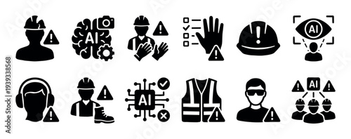 Collection of black glyph icons representing artificial intelligence in workplace safety, illustrating hazard detection, worker monitoring, and personal protective equipment