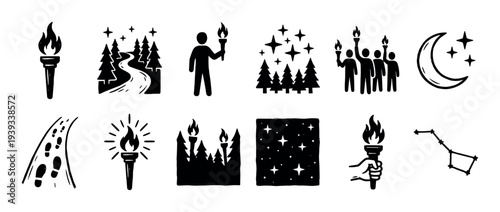 Set of black hand-drawn doodle icons depicting a journey with torches, people, forests, stars, and a moon, representing adventure, exploration, and guidance in a simple sketch style