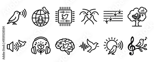 Collection of twelve minimalist black outline icons representing birdsong, bioacoustics, sound waves, music, nature, and technology with AI and global communication symbols