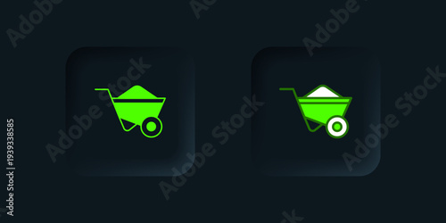 Green Wheelbarrow icon isolated on black background. Tool equipment. Agriculture cart wheel farm. Black square button. Vector