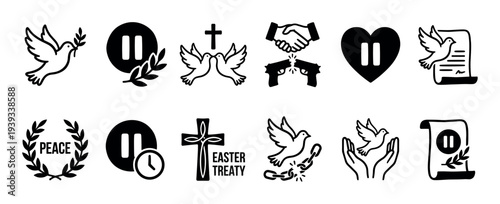 Collection of black peace and ceasefire icons featuring doves, olive branches, broken guns, and pause symbols in a simple hand-drawn graphic style for truce and agreement concepts