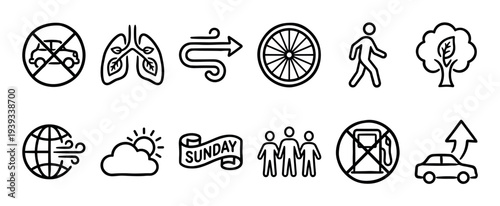 Set of hand-drawn black line art icons for a car-free day, illustrating environmental concepts like clean air, walking, cycling, and no driving in a simple doodle pictogram style