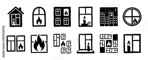 Black and white hand-drawn icon set of windows and houses with a burning candle or fire flame, symbolizing warmth, home comfort, blackout, and remembrance