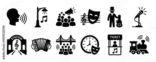 Collection of black silhouette icons representing music, theater, and public performance, featuring a singer, microphone, accordion, ticket booth, train, and theatrical masks