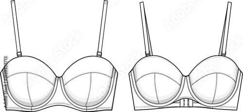 Bra technical sketch, lingerie flat drawing, underwire bra design, fashion CAD, structured cups, adjustable straps, cad drawing flat vector illustration