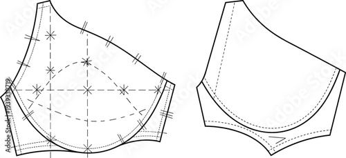 Bra pattern pieces, technical sketch, sewing template, garment construction, fashion design, vector, illustration, stitching, seams, alignment, notches, dashed lines, undergarment, lingerie,