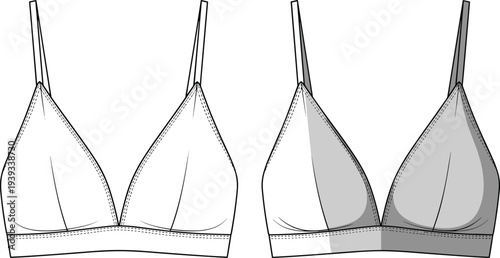 Bralette technical sketch, triangle cups, elastic band, fashion CAD, lingerie design, garment drawing, cad drawing flat vector illustration
