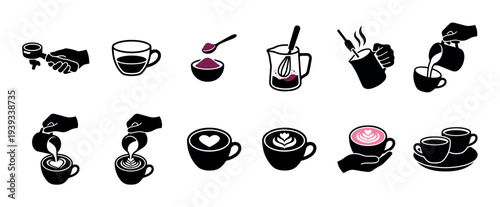 Set of coffee making process icons shows a step-by-step guide for preparing espresso and creating beautiful latte art with steamed milk in a minimalist black and pink graphic illustration