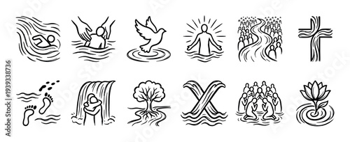 Hand-drawn Christian baptism and water symbols collection showing faith, the cross, a dove, and spiritual rebirth in a simple black and white line art doodle illustration style