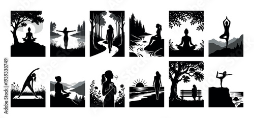 Set of twelve woman silhouette illustrations practicing yoga, meditation, and mindful activities in various serene nature scenes for wellness and spiritual concepts