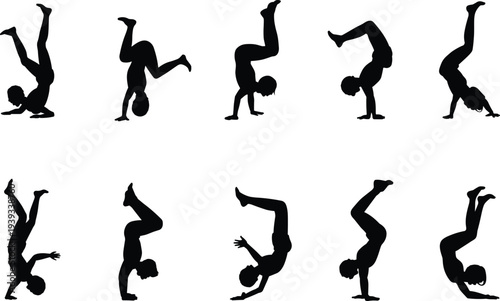 Breakdance silhouette vector collection, hip hop dancer handstand freeze moves set, urban street dance action poses illustration