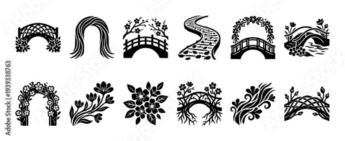 Collection of black garden bridge silhouettes with floral arches, winding pathways, and decorative nature elements in a minimalist graphic style for design projects