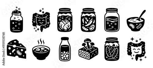 Set of black and white fermented food icons representing probiotics, gut health, and healthy digestion with items like kombucha, kimchi, kefir, and cheese in a simple glyph style