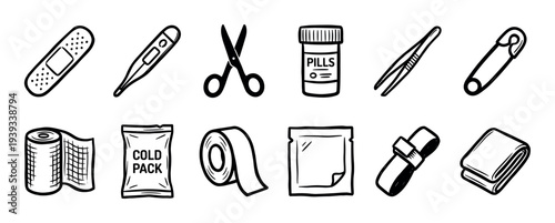 First aid kit supplies icon set in a hand drawn doodle style showing medical equipment like bandage, pills, scissors, and thermometer for emergency healthcare concepts