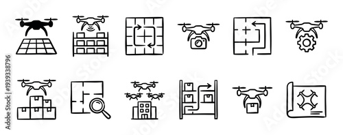 Collection of black hand-drawn icons depicting drone technology for logistics, warehouse inventory management, delivery, and surveillance, presented in a simple doodle line art style