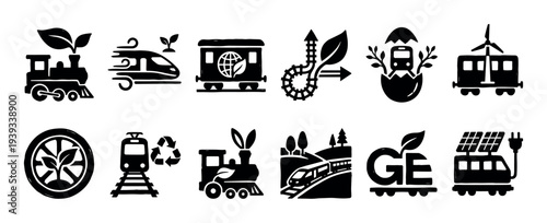 Set of black eco-friendly train icons representing sustainable transportation and green energy, with symbols for biofuel, solar power, recycling, and wind turbines in a simple silhouette stamp style