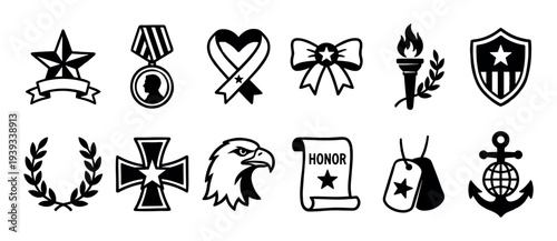 Set of black military honor icons including a medal, star, shield, eagle, and dog tags, representing patriotism, service, and valor in a clean graphic illustration style
