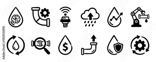 Set of twelve black outline icons for smart water technology and resource management concepts like recycling, automation, leak detection, purification, and cost analysis