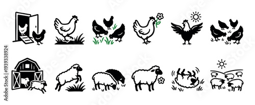 Collection of black farm animal icons showing chickens and sheep in various activities like grazing, crowing, and jumping, rendered in a simple graphic silhouette style