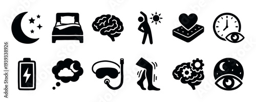 Collection of black glyph icons representing sleep hygiene concepts, including rest, dreaming, energy levels, brain function, sleep cycles, and common sleep disorders