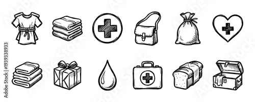 Hand-drawn charity and donation icons set in a black and white sketch style, symbolizing humanitarian aid, relief, and support for people in need