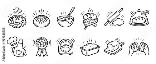 Set of hand-drawn baking icons showing various types of bread, dough, a rolling pin, whisk, timer, and other kitchen utensils in a charming black and white doodle style