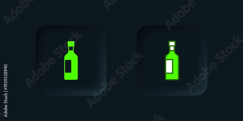 Green Bottle of wine icon isolated on black background. Black square button. Vector