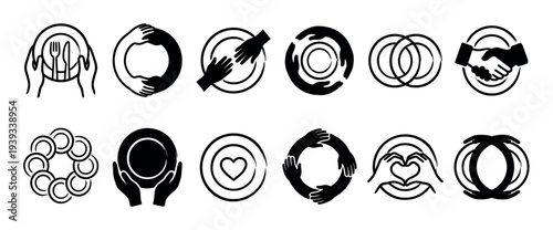 Collection of twelve black and white icons illustrating community, support, and charity with minimalist symbols like hands, plates, hearts, and handshakes for social projects