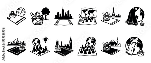 Set of twelve black and white picnic icons showing global travel concepts with famous landmarks, the Earth, and people gathering for outdoor meals