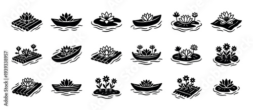 Set of black floating flower icons featuring water lilies and lotus blossoms on small boats, bamboo rafts, and pads in a minimalist silhouette and glyph illustration style