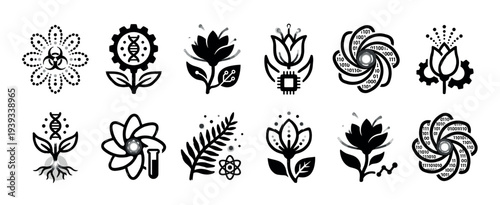 Black and white conceptual icon set illustrating biotechnology and synthetic biology, merging natural floral elements with scientific symbols like DNA, gears, and binary code