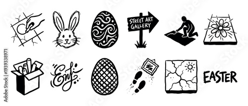 Hand-drawn black and white icon set featuring a creative mix of Easter and street art themes with graffiti bunnies, decorated eggs, and spray cans in a sketchy urban style