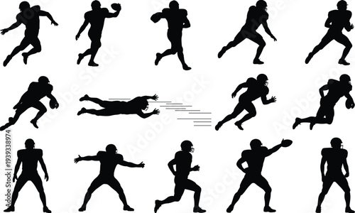 American football player silhouette collection, sport action poses vector illustration, running tackling throwing athletes, professional football motion isolated set