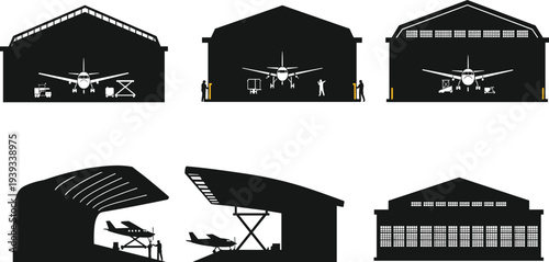 Airplane hangar silhouettes, aviation facility, aircraft maintenance, black and white design, airport architecture, pilot activity, hangar structure, flight operations