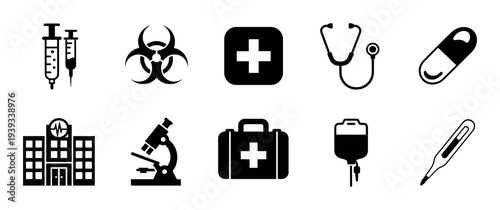 Collection of ten black medical icons representing healthcare and science, featuring a syringe, biohazard symbol, stethoscope, hospital building, microscope, and first aid kit