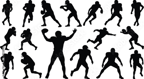 American football player silhouette set, sport action poses vector illustration, running tackling throwing athletes isolated professional game motion collection