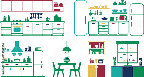 Colorful kitchen interior design elements and icons in flat style for decoration and planning
