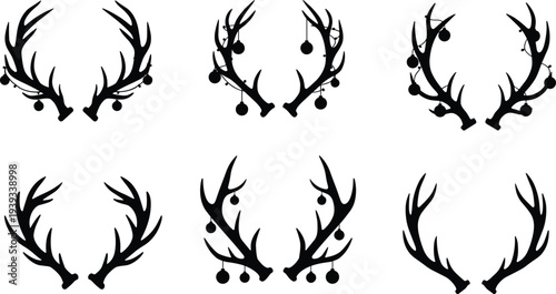 Antler silhouette vector, festive ornament design, Christmas deer horns, holiday decoration, black graphic art, seasonal wildlife, hanging decor elements