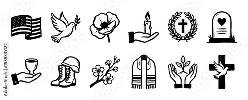 Set of hand-drawn memorial and remembrance icons featuring a flag, dove, poppy, candle, cross, tombstone, and military boots in a simple black and white doodle style