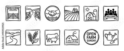 Hand-drawn farming and agriculture icon set featuring a tractor, barn, livestock, welcome gate, and community symbols in a simple black and white doodle sketch style for agritourism