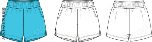 Athletic shorts technical drawing, fashion flat, sportwear vector, elastic waistband, side pockets, curved hem, garment sketch, apparel design, silhouette, illustration