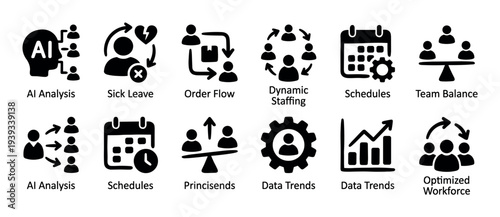Set of black glyph icons for workforce management and business optimization concepts like AI analysis, dynamic staffing, team balance, data trends, and scheduling in a simple flat style