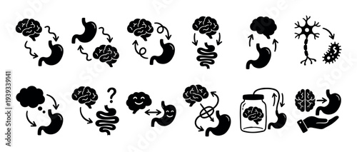 Gut-brain axis icon set illustrating the connection between the digestive system and mental health, with pictograms for stomach, intestines, neuron, and microbiome communication