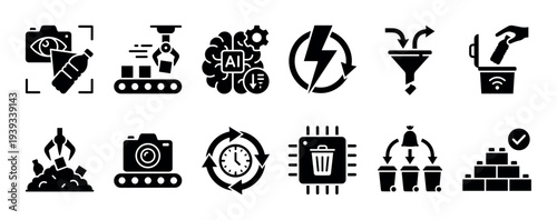 Smart recycling and waste management icon set with black glyphs for AI sorting, robotic automation, computer vision, and sustainable production line technology