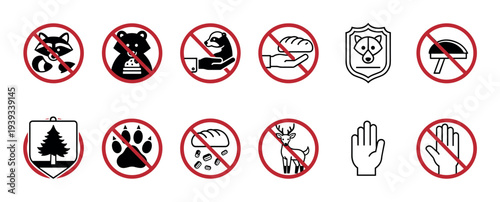 Set of minimalist park rule icons for wildlife safety, featuring prohibition signs for not feeding bears, raccoons, and deer, illustrated in a clean black and red line art style