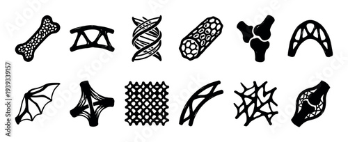 Set of bio-inspired engineering icons drawn in a rough, black ink style, featuring bone tissue, DNA helix, anatomical joints, and complex generative lattice structures